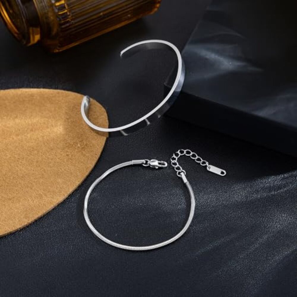 Sterling Silver Stackable Bracelet Set Minimal Ch… - image 7